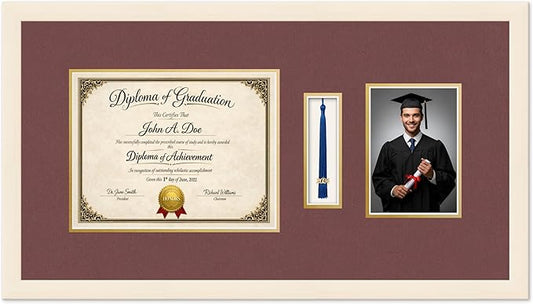 Diploma Tassel and Photo Frame Coastal Whitewash Shadowbox Dark Red Over Gold Mat - Fits 11 x 8.5 Degree Picture Made in the USA