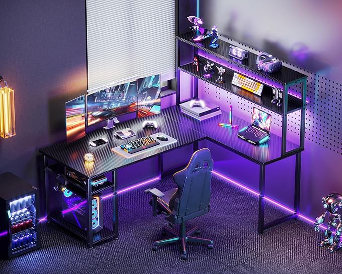 ODK 53" L Shaped Gaming Desk with Hutch & Headphone Hook, Corner Computer Table with Storage Shelves for Home Office, Black