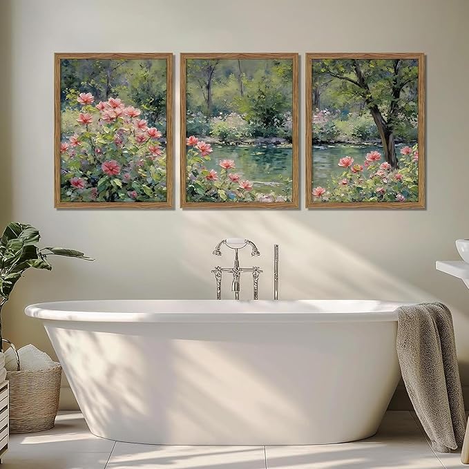 Framed Monet Wall Art Set of 3, Impressionist Botanical Floral Canvas Wall Decor, Vintage Cottagecore Artwork Paintings, Nature Landscape Flowers Prints Pictures for Living Room Bedroom 12x16 Inch