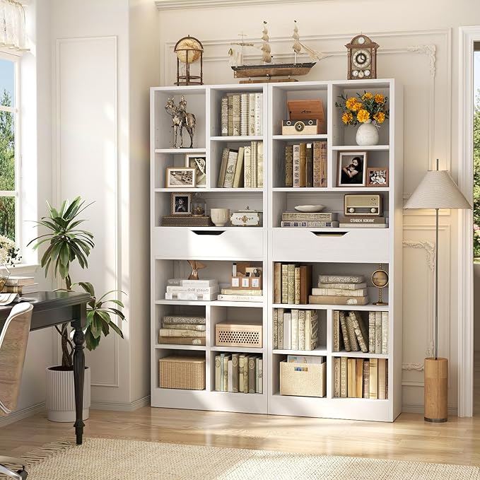 Armocity 8-Tier Tall Bookshelf with Drawer, 73.6" Narrow Freestanding Bookcase, Space-Saving Wood Display Shelves Storage for Living Room, Home Office Bedroom, White