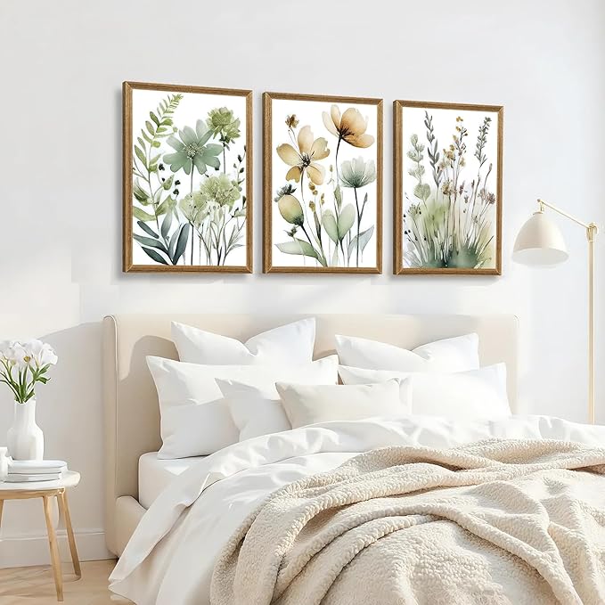 SYWENNOI Wood Framed Green Botanical Canvas Wall Art, Boho Floral Watercolor Art Wall Decor, Minimalist Flower Pictures Poster Prints for Bedroom Bathroom Living Room Ready to Hang 16x24 Inches