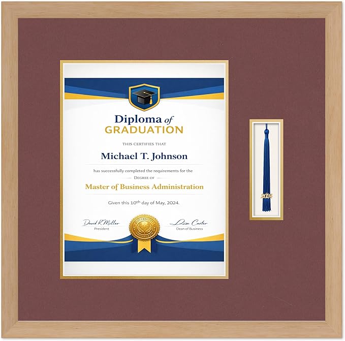 Diploma Frame with Tassel Holder Natural Wood Shadowbox Dark Red Over Gold Mat - Fits 10 x 13 Degree Made in the USA