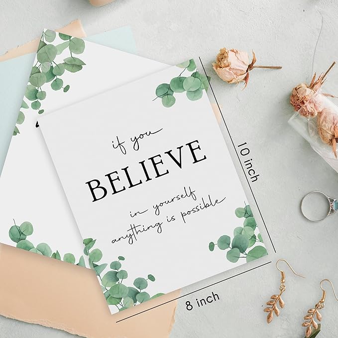 HRQKO Office Inspirational Quotes Wall Art Poster Prints Set of 4, Motivational Wall Art, Eucalyptus Decor Artwork Prints Posters Wall Decor, Affirmations Prints for Office Women Men 8”x10” Unframed