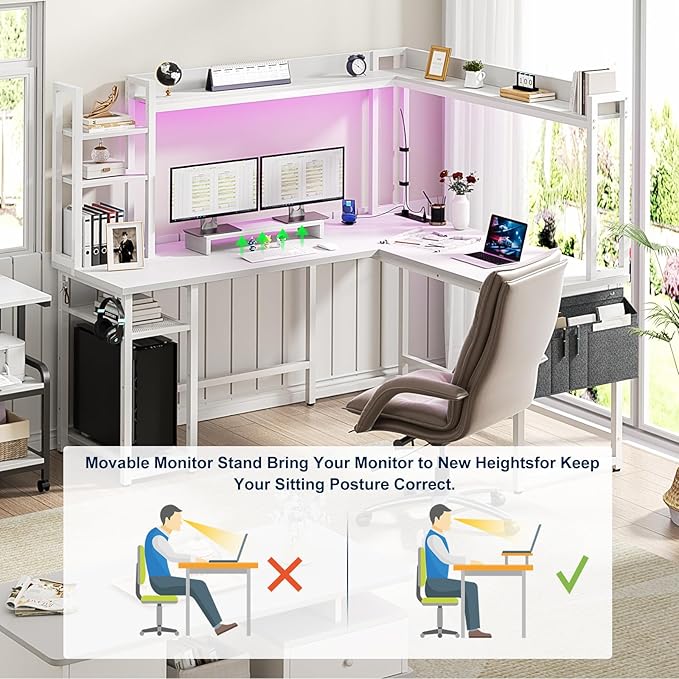 Aheaplus L Shaped Gaming Desk, Reversible L Shaped Desk with Power Outlet and Led Lights, Gaming Desk Corner Computer Desk with Hutch, Monitor Stand and Storage Bag for Home Office, White