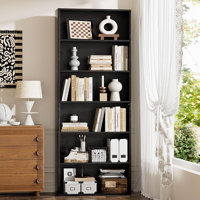 JAMFLY Narrow Tall Bookshelf 6 Shelf Bookcase Vertical Storage, Slim Profile Tall Narrow Storage Unit for Home Office, Living Room, Bedroom, Black, Set of 2