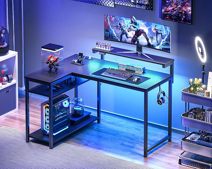 MOTPK L Shaped Gaming Desk with Power Outlet, Reversible Gaming Desk with Height Adjustable Monitor Stand, Gaming Computer Desk 43inch with LED Lights, Home Office Desk, Black