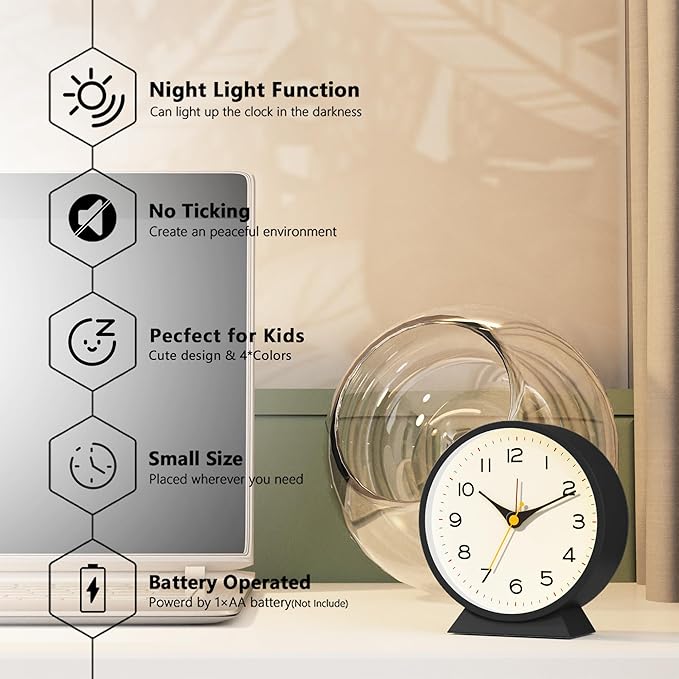 AYRELY® 4.5" Analog Alarm Clock,Small Retro Desk Clock Battery Operated,Slient Metal Table Clock with Light for Living Room Decor,Bedroom,Bedside,Shelf (Black)