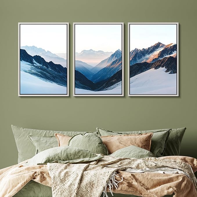 SIGNFORD Framed Wall Art Print Set Snowy Mountain Valley Majestic Winter Alpine Scene Digital Art Modern Art Contemporary for Living Room, Bedroom, Office - 24"x36"x3 White