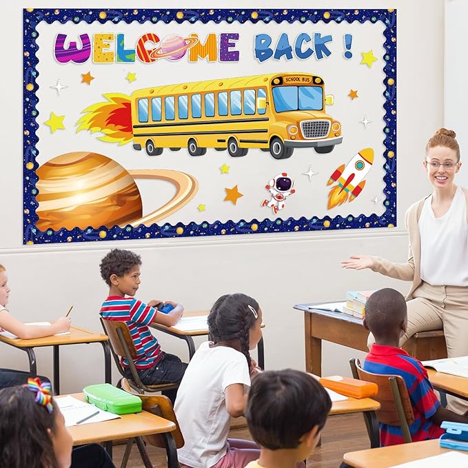 Pajean Outer Space Bulletin Board Welcome Back to School Classroom Decor Space Bus Galaxy Planet Cutouts for Back to School First Day Window Door Wall Elementary Preschool Teacher Supplies