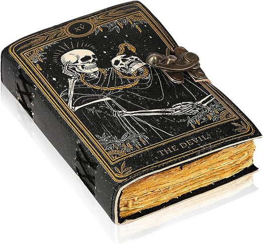 TUZECH Book of Spells Leather Bound Journal Deckle Edge Paper Grimoire Printed Diary Third Eye witchcraft supply and Witch Spell Notebook Antique Vintage Book for Men and Women (The Devil)