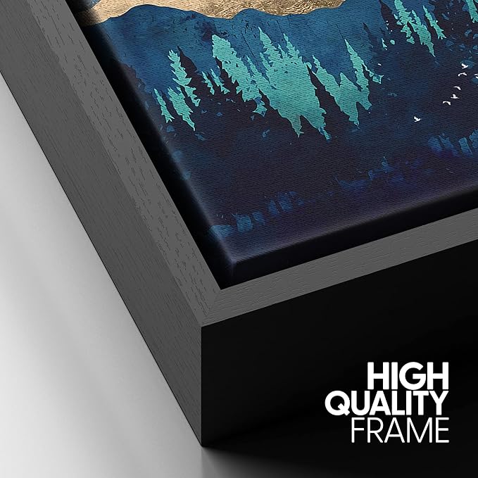 SIGNFORD Framed Canvas Print Wall Art Woodland Nursery Decor Blue Mountains & Forest Under Shining Sun Abstract Wilderness Modern Art Rustic Scenic for Living Room, Bedroom, Office - 16"x24" Black