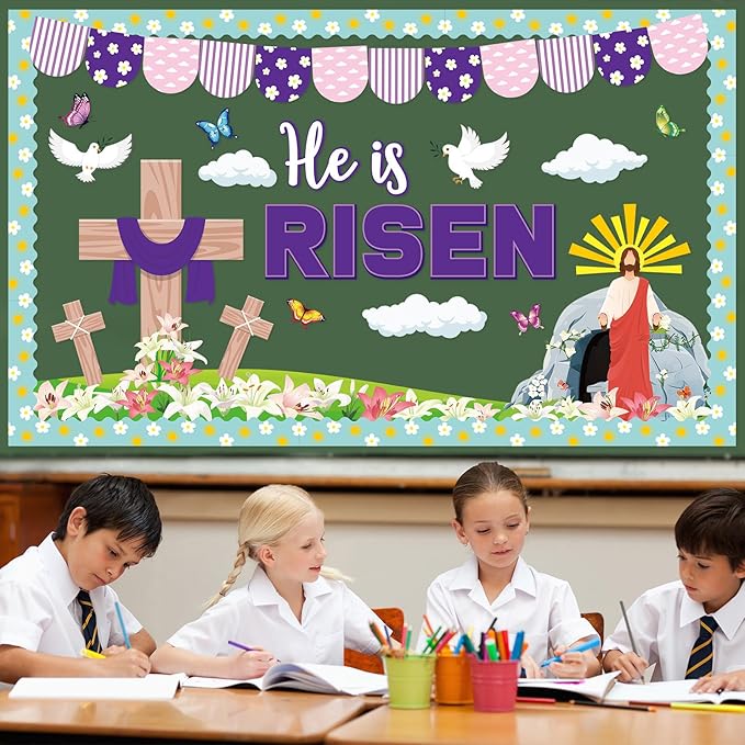 Easter Bulletin Board Decorations He is Risen Bulletin Board for Church Christian Jesus Classroom Decoration Spring Risen Cross Cutouts for Religious Sunday School Class Church Chalkboard Wall Decor