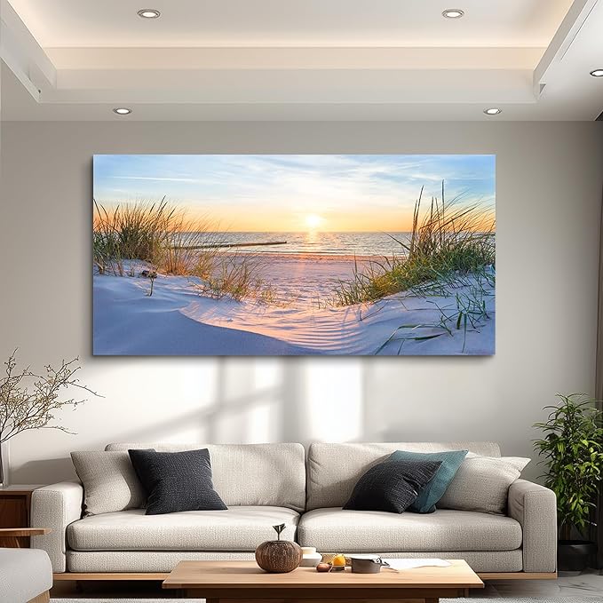 MHARTK66 Wall Decor For Living Room Large Canvas Wall Art For Bedroom Modern Office Pictures Wall Artwork Blue Sun Beach Grass Ocean Landscape Paintings Canvas Art Prints Home Decorations