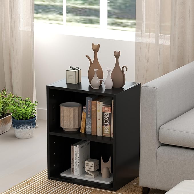 Tangkula 2-Tier Bookshelf, Open Shelf Bookcase with 7-Position Adjustable Shelf, Multifunctional Wooden Cubby Storage Display Shelf for Home Office Study Living Room (Black, 2)