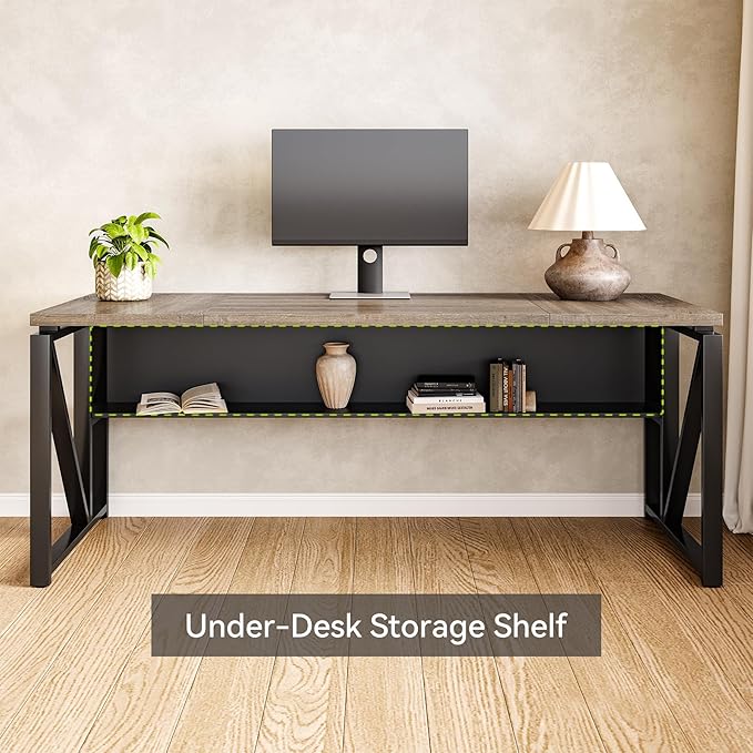 LITTLE TREE 63-Inch Executive Office Desk, Large Computer Desk with Storage Shelf, Executive Desk with Metal Frame, Study Writing Desk Work Station for Home Office, Grey + Black