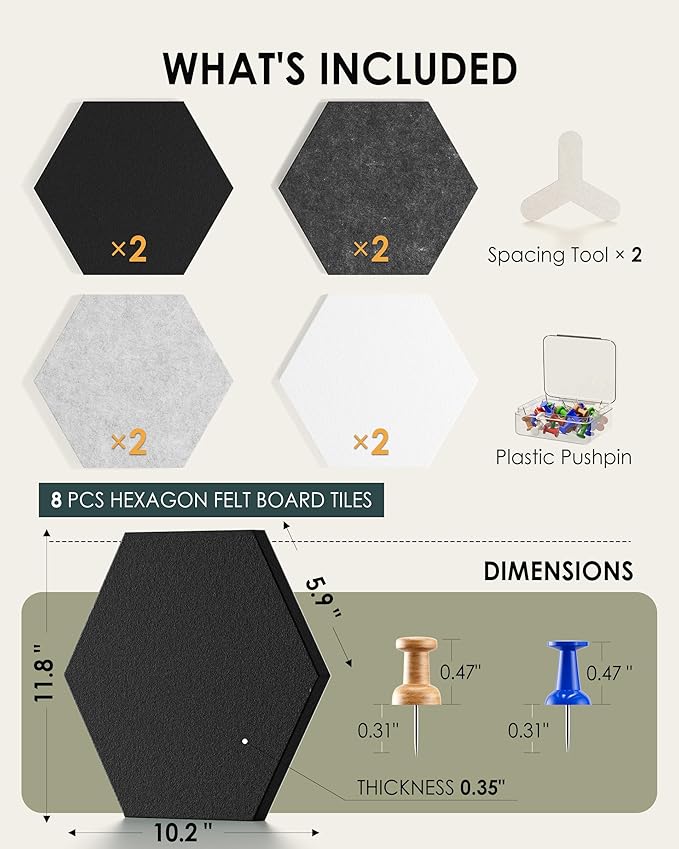 MaxGear 8Pcs Large Hexagon Felt Cork Board Tiles, Grey Self-Adhesive DIY Bulletin Board Pin Board for Office School Home Wall Decor Stickers Photos Display Memos