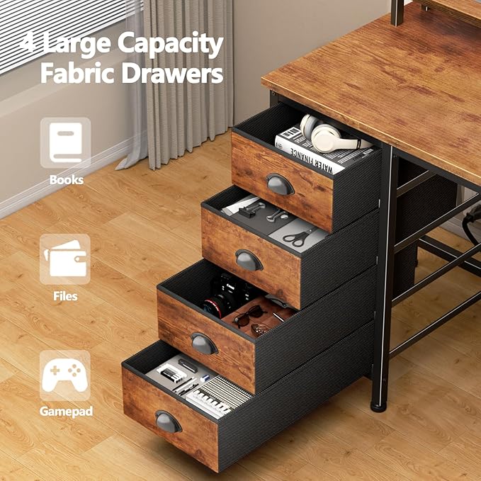 Furologee Computer Desk with Power Outlets & LED Lights, 55 Inch Reversible Gaming Desk with Full Monitor Stand, Home Office Table with 4 Fabric Drawers, Study Table for Bedroom, Rustic Brown