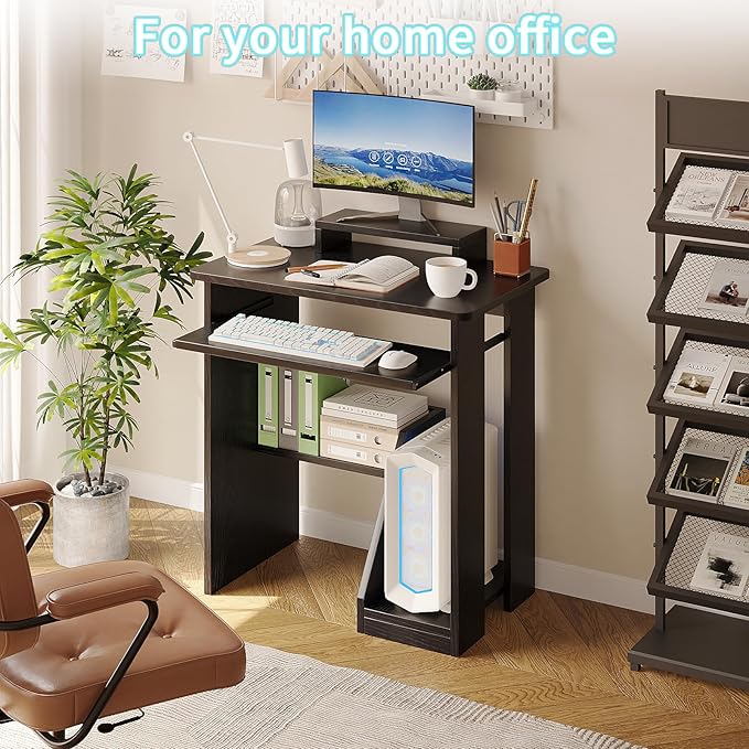 ALISENED 30" Small Computer Desk with Keyboard Tray Monitor Stand, Study Writing Desk with Storage Shelves, Modern Workstation for Small Spaces, Save Space, Black A