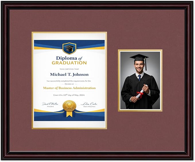 Diploma Frame With Photo Opening Executive Brown Dark Red Over Gold Mat - Fits 8.5 x 11 Degree and Picture Made in the USA