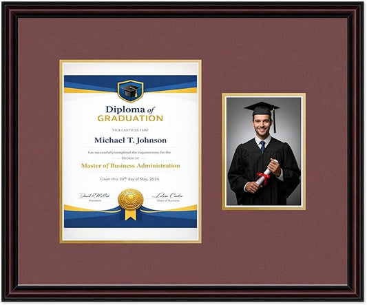 Diploma Frame With Photo Opening Executive Brown Dark Red Over Gold Mat - Fits 8.5 x 11 Degree and Picture Made in the USA
