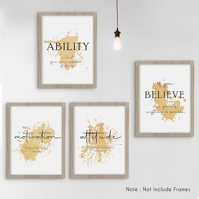 HRQKO Gold Inspirational Wall Art Set of 4, Motivational Prints, Modern Gold Artwork, Affirmations for Office Women 12'x16' Unframed
