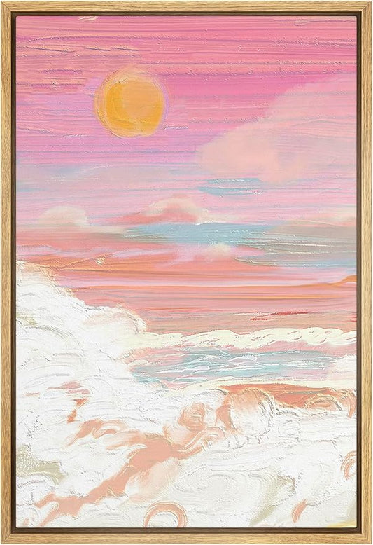 SIGNFORD Framed Canvas Print Wall Art Pastel Watercolor Pink Sunset Cloud Nature Wilderness Illustrations Modern Art Vibrant Girl's Bedroom Colorful for Living Room, Bedroom, Office - 16"x24" Natural