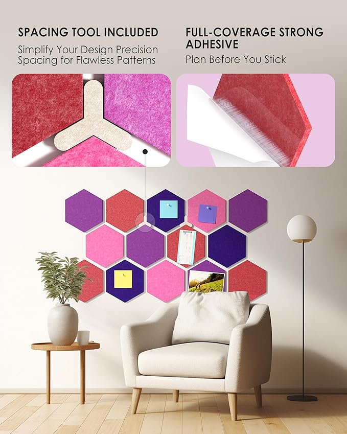 MaxGear 8Pcs Hexagon Felt Cork Board Tiles, Purple Gradient Self-Adhesive DIY Bulletin Board Pin Board for Office School Home Wall Decor Stickers Photos Display Memos