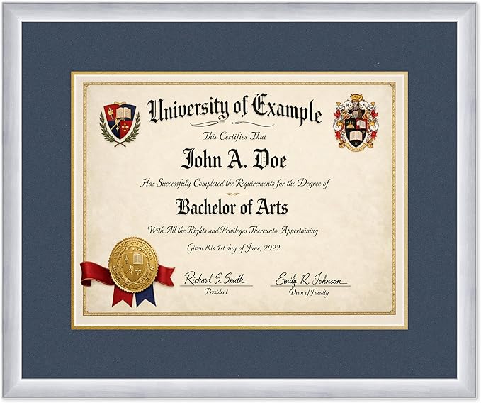 CountryArtHouse Diploma Frame Fits 17 x 13 International Diploma - Keepsake Graduation Display Stainless Silver Genuine Hardwood with Navy Blue Over Metallic Gold Double mat