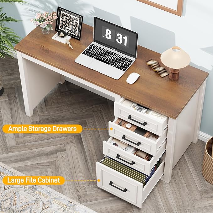 Vabches Farmhouse 49” Executive Desk with File Drawer, 4 Drawers Reversible Computer Desk with Storage, Rustic Home Writing Workstation for Home Office.White Brown