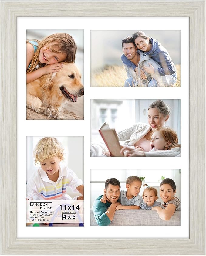 Langdon House 11x14 Almond White Collage Picture Frame w/Mat for 5-4x6 Photos, Woodgrain Style, Wall Mount Only, Richland Collection