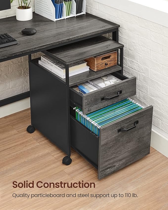 VASAGLE File Cabinet, Mobile Filing Cabinet with Wheels, 2 Drawers, Open Shelf, for A4, Letter Size, Hanging File Folders, Charcoal Gray and Ink Black UOFC071B04