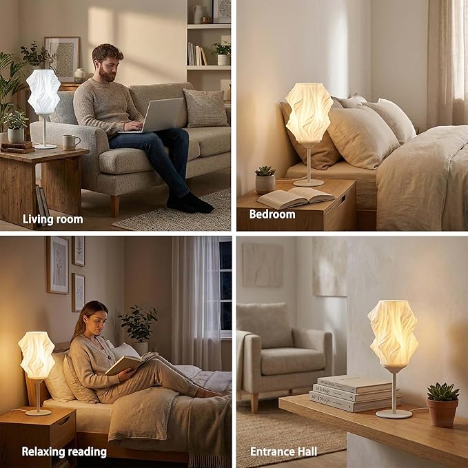 Bedside Lamp for Bedroom,3 Way Dimmable Touch Table Lamp with 6W LED Light Strip,Modern Nightstand Lamp with 3D Printed PVC Lampshade for Living Room,Office,Dorm Room