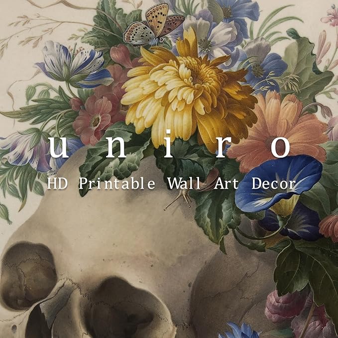 uniro Vintage Floral Skull Wall art Decor Rustic Hanging Retro Skull Flowers Canvas Print Gallery Decor Wall Art Print Poster Painting for Home Living Room Bedroom Halloween wallart (8" x 10"-UNFRAMED)