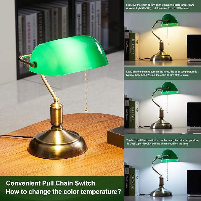Bankers Lamp, Green Desk Lamp with Pull Chain Switch, 3 Lighting Color Mid Century Banker's Desk Light for Home Office Library Christmas (Green Plastic Lampshade)