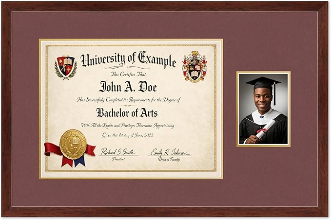 CountryArtHouse Fits 17 x 13 International Diploma and 5 x 7 Photo Diploma and Photo Frame Rustic Walnut Genuine Hardwood with Dark Red Over Metallic Gold Double mat