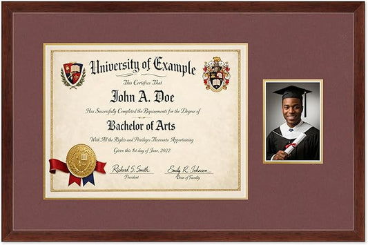 CountryArtHouse Fits 17 x 13 International Diploma and 5 x 7 Photo Diploma and Photo Frame Rustic Walnut Genuine Hardwood with Dark Red Over Metallic Gold Double mat