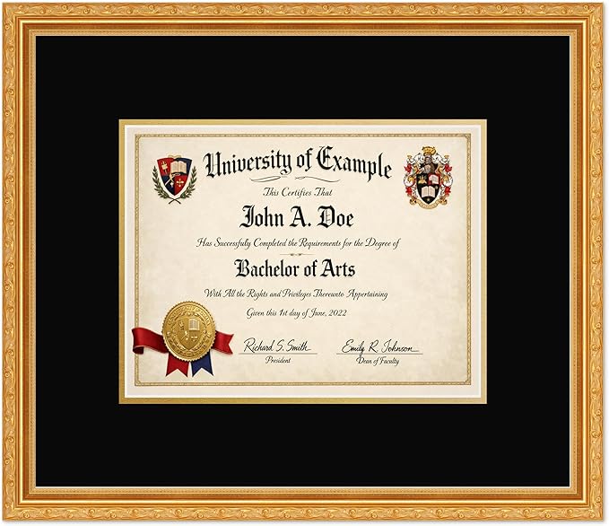 CountryArtHouse Diploma Frame Fits 11 x 8.5 US Letter Certificate - Keepsake Graduation Display Museum Gold Genuine Hardwood with Black Over Metallic Gold Double mat