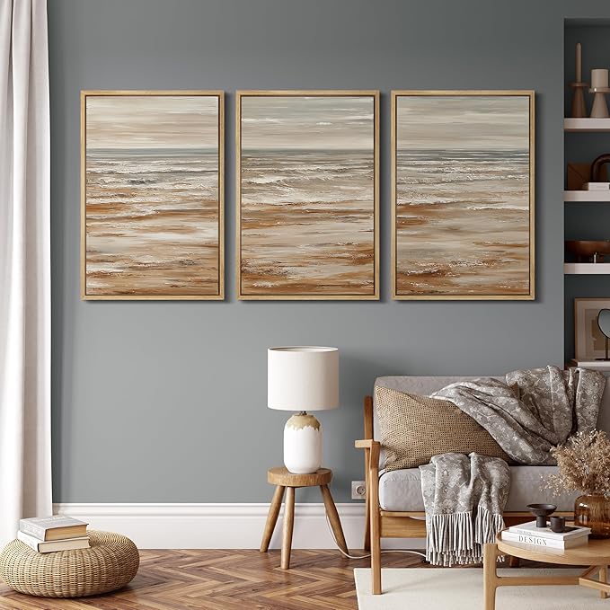 MUDECOR Framed Wall Art Print Set Neutral Coastal Seascape Minimalist Ocean Waves and Sandy Shore Illustrations Modern Art Boho Decorative for Living Room, Bedroom, Office - 16"x24"x3 NATURAL