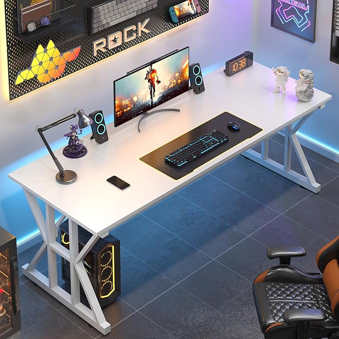 TVU Computer Desk, 63 inch Large Office Desk, Study Writing Table with Thicken Frame, Gaming Desk, Modern Simple Desk for Home Office, White