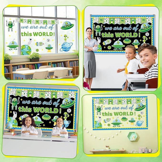 Outer Space Theme Bulletin Board Set Alien Classroom Bulletin Board Decorations Space Astronaut Planet Cutouts Classroom Decorations for Back to School Office Home Chalkboard Decor Wall Door