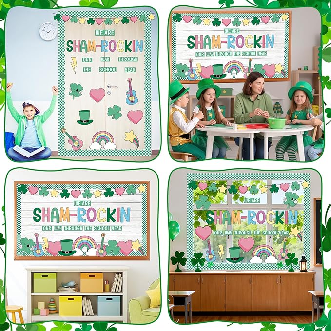 St. Patrick's Day Bulletin Board Set Shamrock Rainbow Paper Cut Outs St. Patrick's Day Classroom Bulletin Board Decoration Hearts Stars Hat Guitars Decor for Party Classroom Chalkboard Wall Decoration
