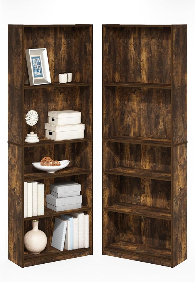 Furinno Jaya Book Shelf Set of 2, 5-Tier Bookshelf, Bookcase, with Adjustable Shelf, 9.5 x 24.5 x 71, for Home Office, Living Room, Amber Pine