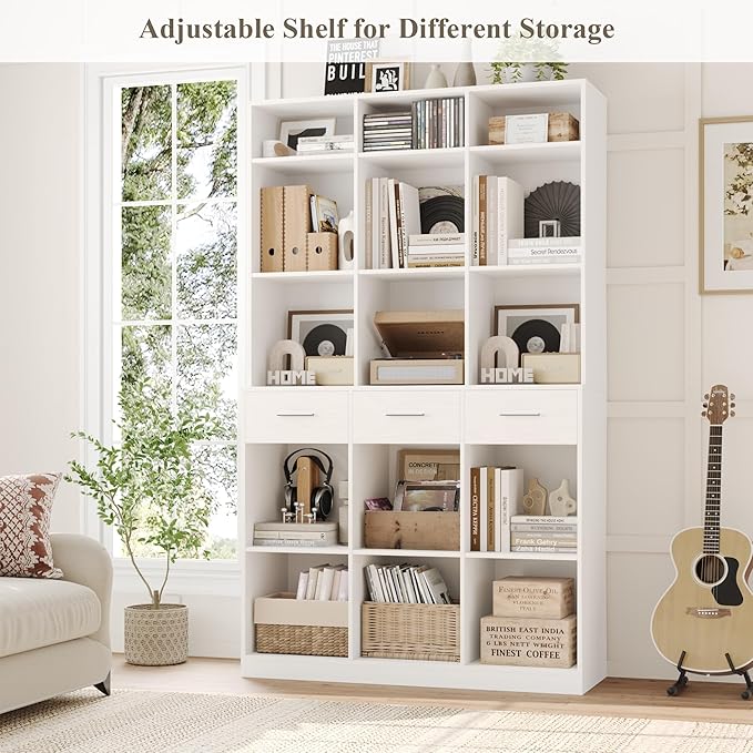 HOSTACK 75" Tall Book Shelf and Bookcase, 47" Wide Bookshelf with Drawers, Modern 9 Tier Bookcase with Storage, Large Wood Display Cabinet with Adjustable Shelves for Living Room, Home Office, White