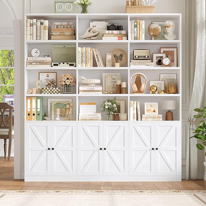 FACBOTALL 75" Triple Wide Bookshelf, White Bookshelf and Bookcase with 6 Farmhouse Doors, 71" Wide 6 Tier Book Shelf with 18 Storage Shelves, Large Wooden Bookshelves, Tall Bookcase for Office, White