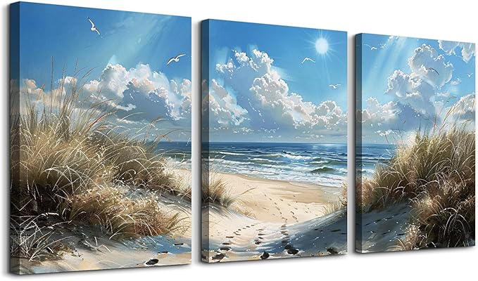 TTHYUEWS Canvas Wall Art For Bedroom & Living Room Modern Decorations Blue Ocean Beach Wall Paintings Sea Wave Wall Pictures Artwork for Office Ready To Hang Home Decor 3 Piece