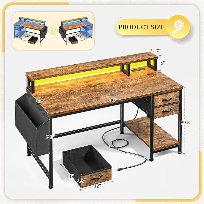 40" Computer Desk with LED Strip, Gaming Desk with Drawers & Storage Bag, Office Desk with Power Outlets & Monitor Stand, Home Office Desks for Bedroom, Gaming Room, Rustic Brown
