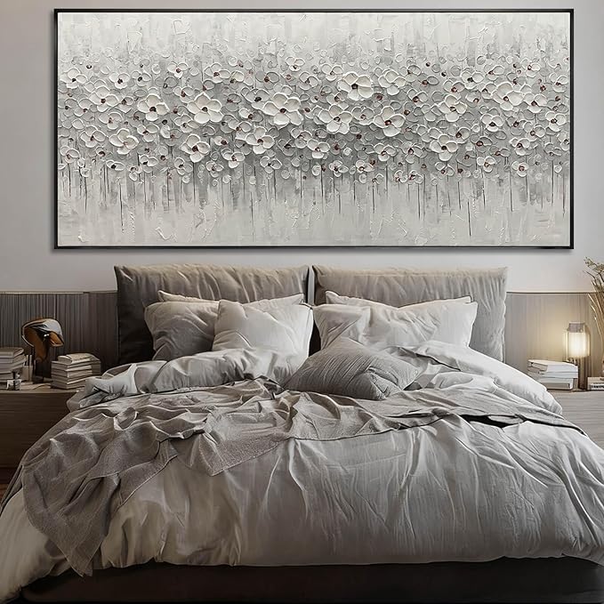 SDYA Oversized White Flower Wall Art, Hand Painted Floral Canvas Paintings With Frame, Extra Large Modern Wall Decor for Living Room Bedroom Office 40"x86"
