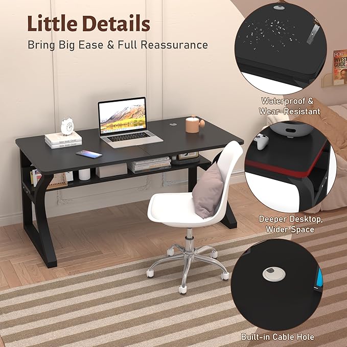 Oraspala﻿ Computer Desk 55 Inch Large Comouter Desk Home Office Desks with Storage Shelf Working Desk with Stable C-Shaped Legs Spacious Desktop for Home Office Gaming & Study (Black, 55inch)