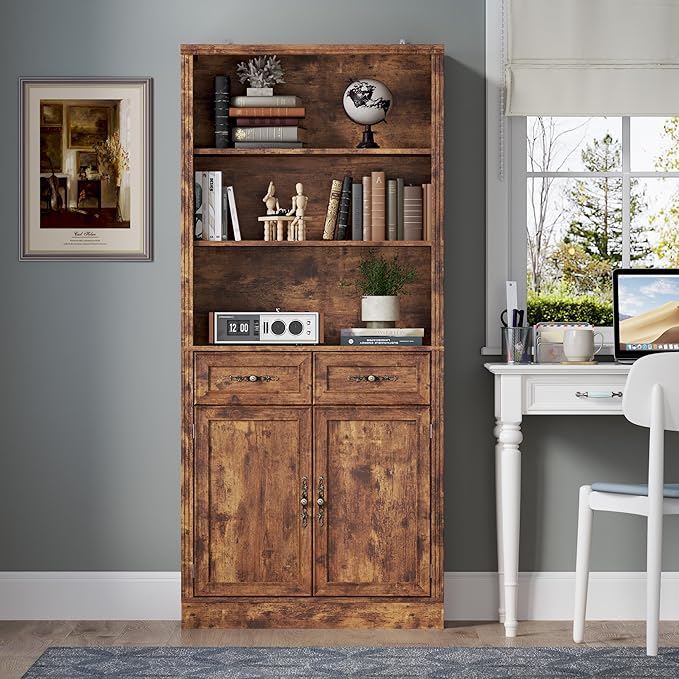 70.1" Tall Bookshelf with Drawers & Cabinet, 5-Tier Floor Standing Bookcase with Storage Doors, Adjustable Shelves & Metal Handles, 31.5" Wide Organizer for Home Office, Living Room