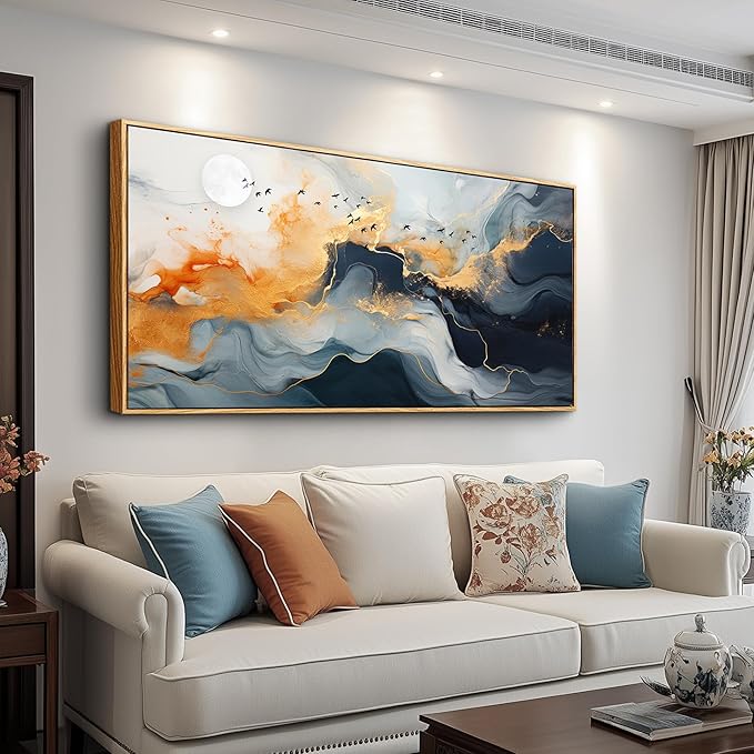MHARTK66 Framed Wall Art Abstract Large Canvas Picture Marble Fluid Art with Gold Foil Moon & Bird Design Home Decor for Living Room Bedroom Hotel Office Wall Decorative Artwork Ready to Hang 24x48